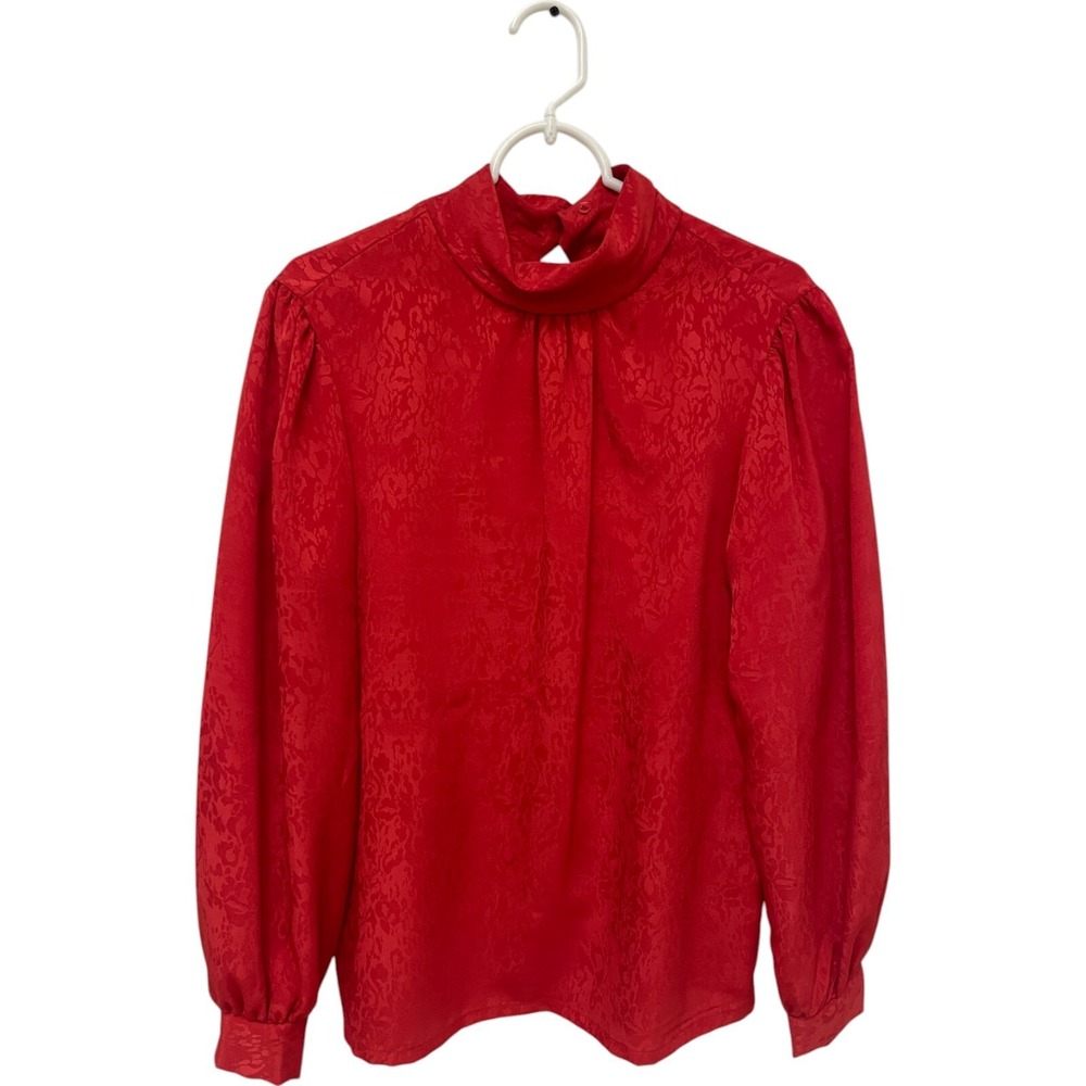 Jonquil by Judy Bond Red Jaquard Blouse Womens Size 10 Mock Neck Long Sleeve Vtg